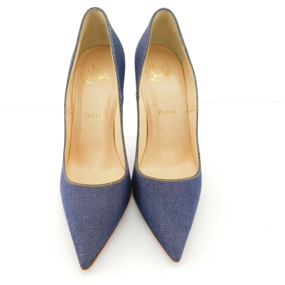CHRISTIAN LOUBOUTIN Denim Blue Jean White Leather Stiletto Heel Pumps 38